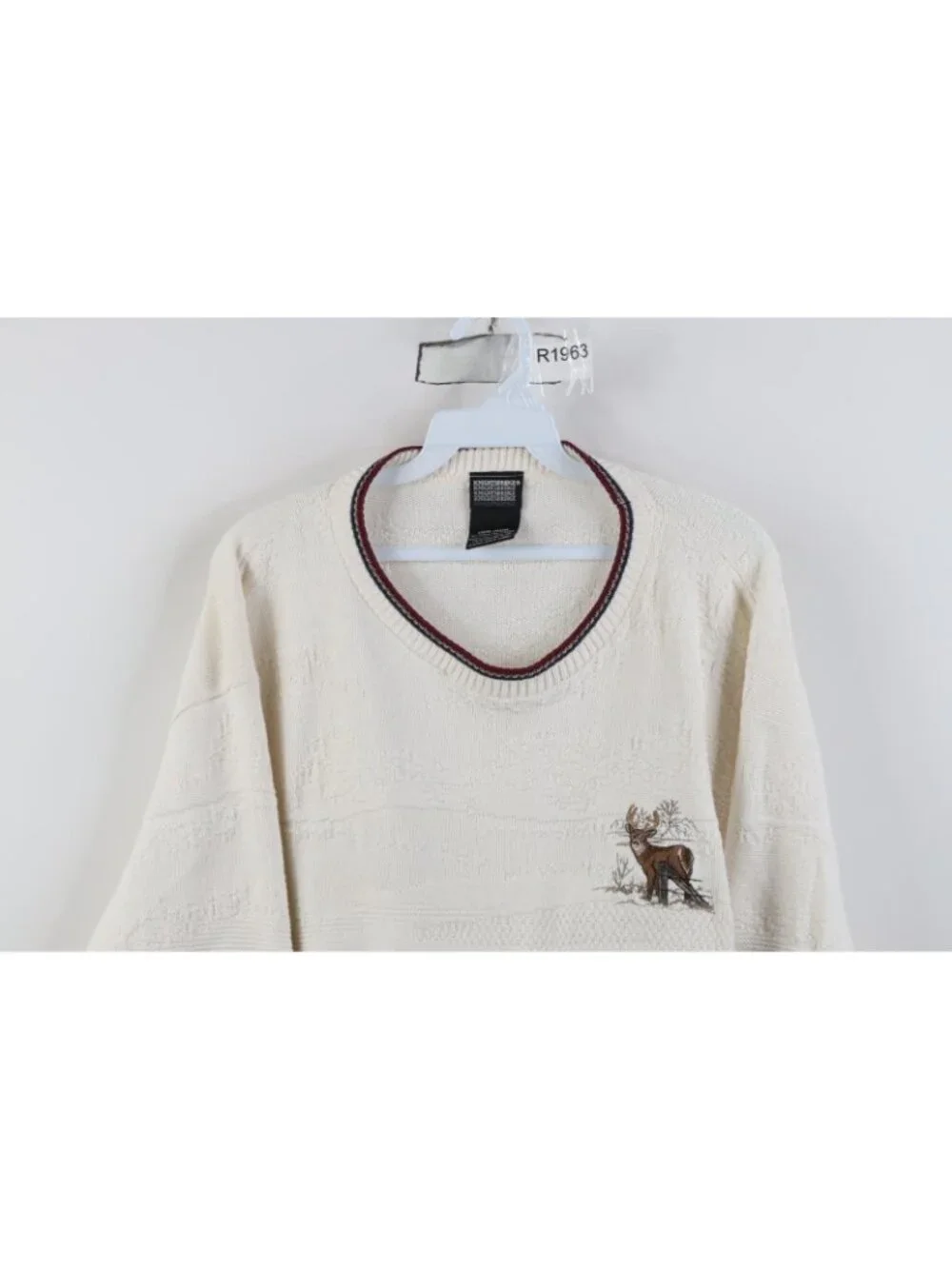 Vintage 90s Streetwear Mens Large Nature Deer Buck Knit Sweater White Cotton USA